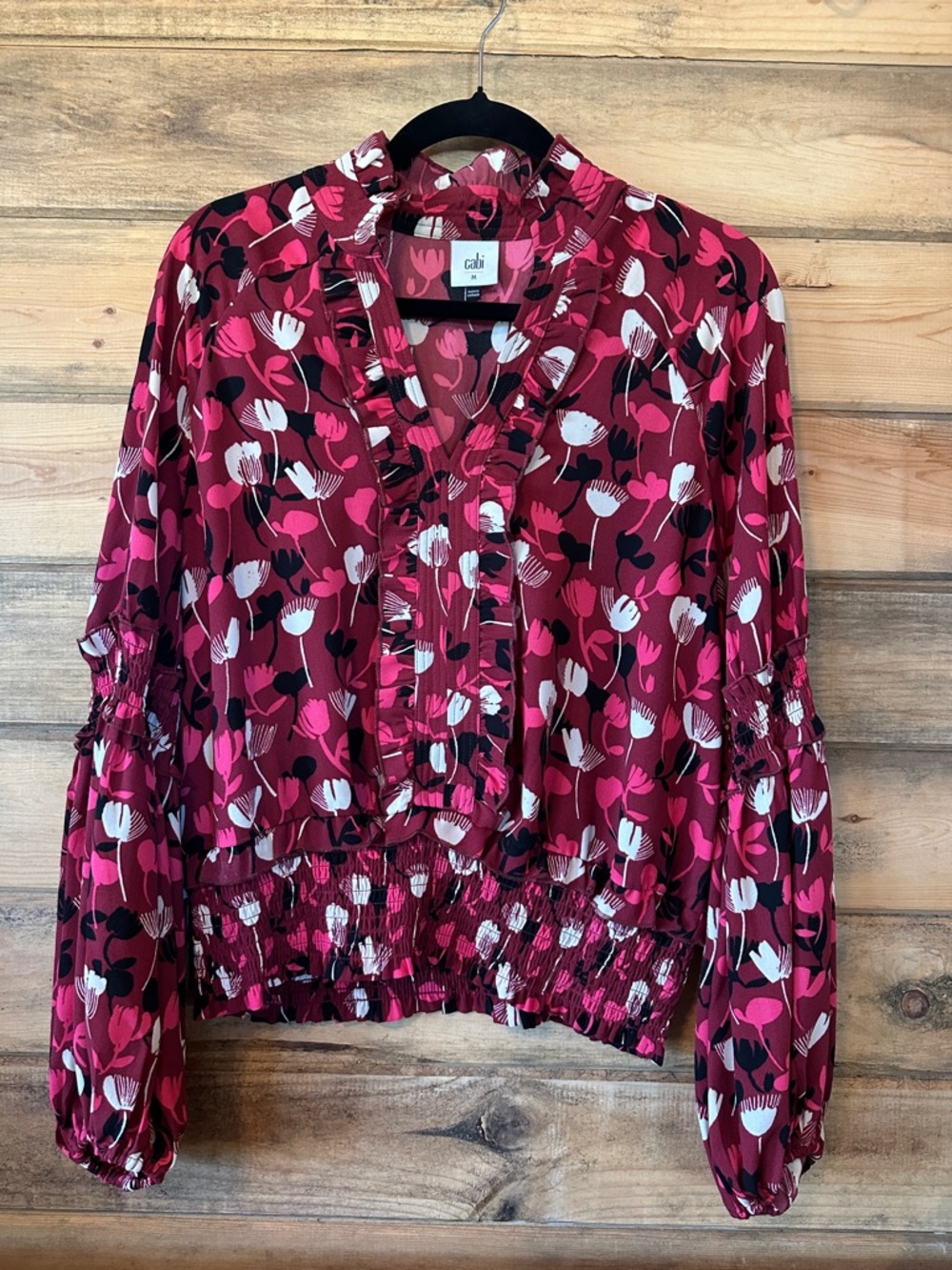 CAbi Raspberry Floral Ruffle V-Neck Blouse